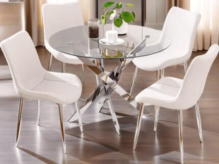 Table à Manger rectangulaire verre trempé avec pieds argentés - Meublei