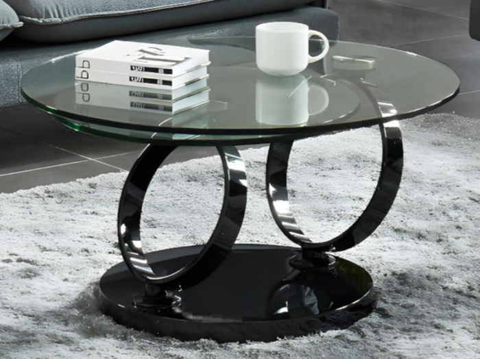 Table Basse, 2 plateaux verre empilable, verre, marbre, métal argenté, noir - Meublei