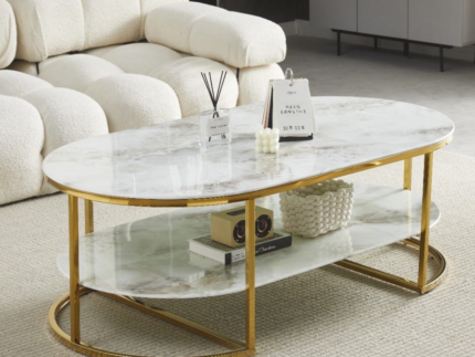 Table basse plateau verre marbré blanc et pieds dorés
