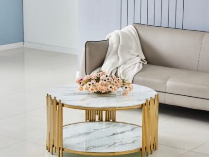 Table basse ROMEO mabre couleur blanc pieds pieds dorés en acier inoxydable - Meublei