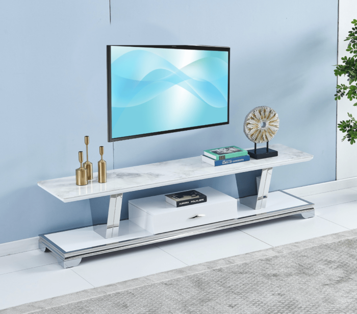 Meuble TV en marbre couleur blanc argenté 180 cm - Meublei