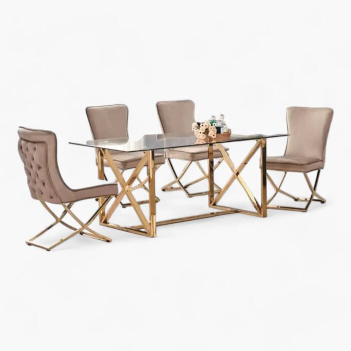 Table à manger marbre blanc dorée 4 chaises velours beige