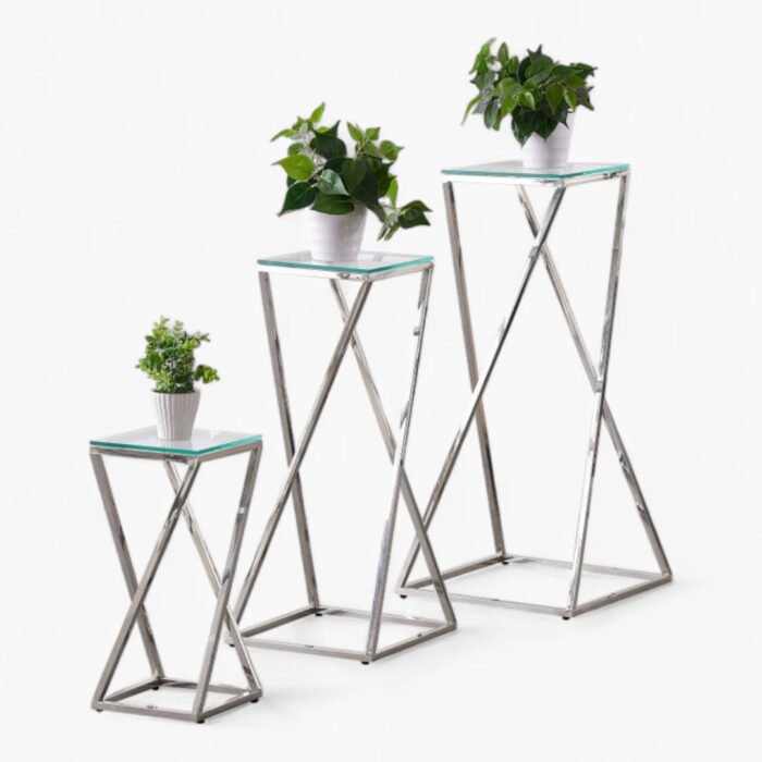 Ensemble de 3 tables d'appoints acier inoxydable argenté plateau en verre trempé