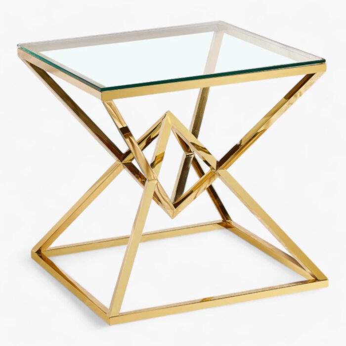 Table d'appoint design en acier inoxydable poli doré et plateau en verre trempé transparent L. 55 x P. 55 x H. 55 cm collection PARMA