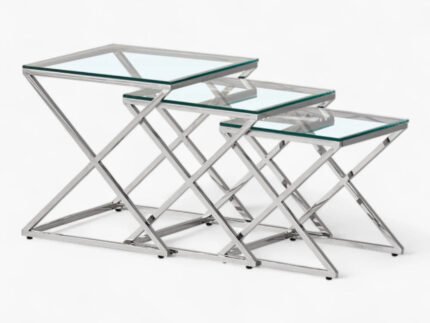 Ensemble de 3 tables gigognes plateau en verre trempé argentés en acier inoxydable