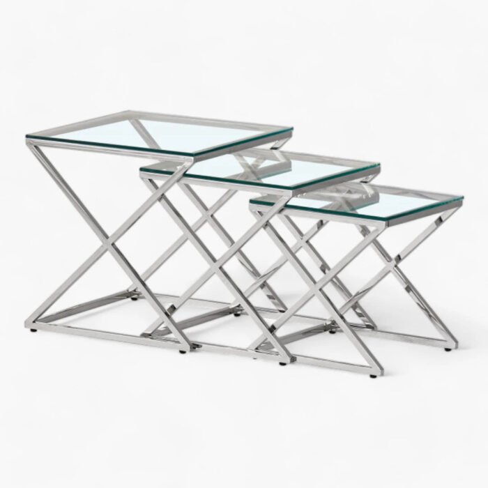 Ensemble de 3 tables gigognes plateau en verre trempé argentés en acier inoxydable