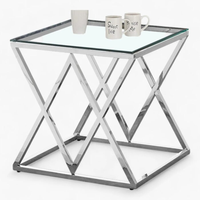 Table d'appoint design en acier inoxydable poli argenté et plateau en verre trempé transparent L. 55 x P. 55 x H. 55 cm collection ROMA