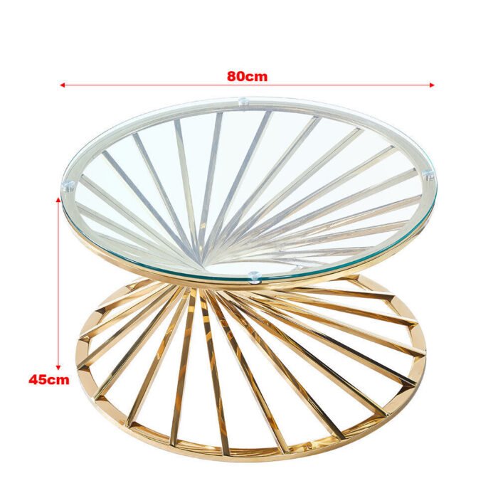 Table Basse Alina Ronde Plateau En Verre Trempé Transparent Pieds Dorée En Acier Inoxydable