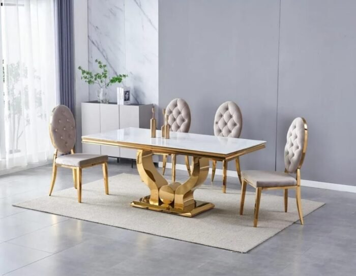 Table à Manger Trophee Marbre Pieds Dorés Et 4 Chaises Velours Taupe