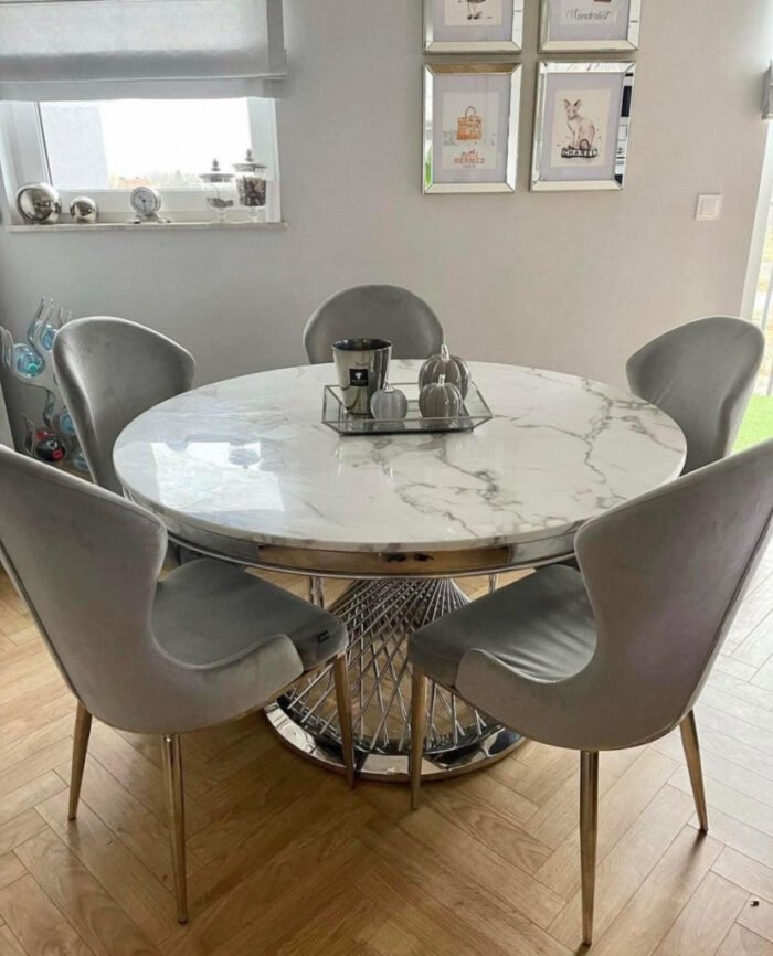 Table à Manger Ronde Deluxe Marbre Blanc Pieds Argentés