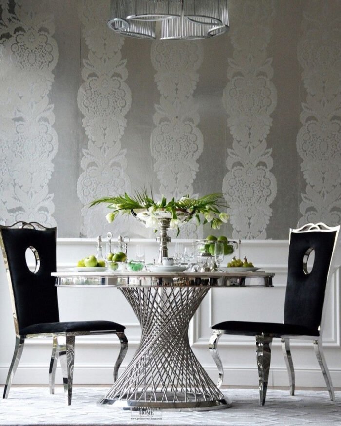 Table à Manger Ronde Deluxe Marbre Blanc Pieds Argentés