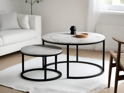 Lot de deux tables basses véritable pièrre céramique marbre métal noir - Meublei