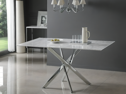 Table à Manger rectangulaire verre trempé avec pieds argentés - Meublei