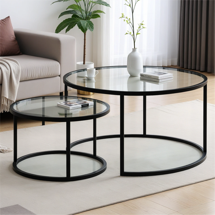 Table basse ronde gigogne plateau verre trempé métal noir - Meublei