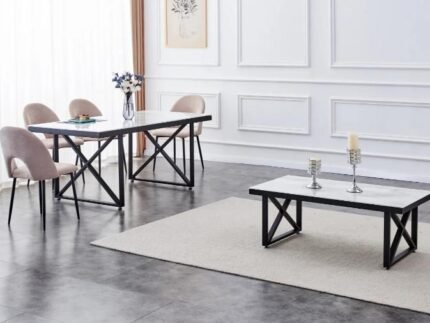 Ensemble table de repas et 6 chaises Levanto - Plateau en marbre beige, pieds en métal noir - Meublei