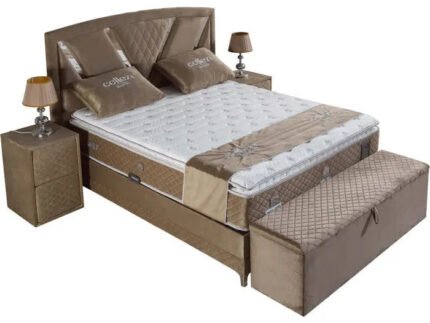 Ensemble de lit coffre en velours taupe avec matelas à ressorts - Meublei