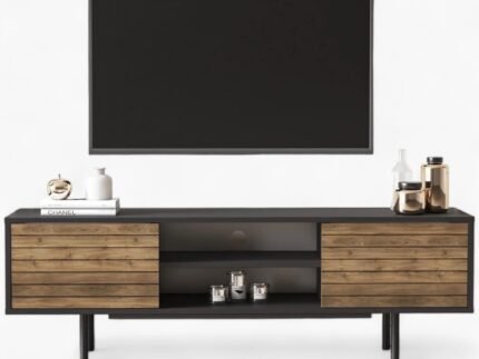 Meuble TV OSCARO 2 portes en bois foncé et Noir 160 cm