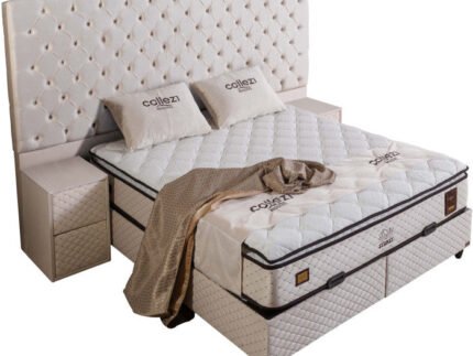 Ensemble de lit coffre 180x200 en velours beige avec un matelas à ressorts ensachés 7 zones de confort de la collection SYDNEY