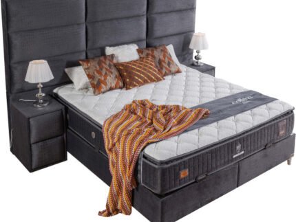 Ensemble de lit coffre 180x200 en velours gris avec un matelas à ressorts ensachés 7 zones de confort de la collection MOSCOW