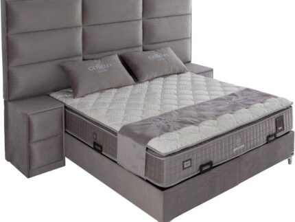 Ensemble de lit coffre 180x200 en velours gris avec un matelas à ressorts ensachés 7 zones de confort de la collection MOSCOW