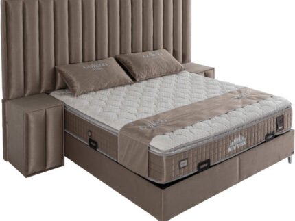 Ensemble de lit coffre 180x200 en velours taupe avec un matelas à ressorts ensachés 7 zones de confort de la collection NEW YORK