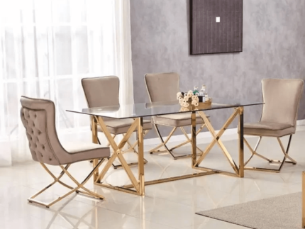 Table à manger marbre blanc dorée 4 chaises velours beige - Meublei