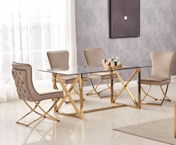 Table à manger marbre blanc dorée 4 chaises velours beige - Meublei