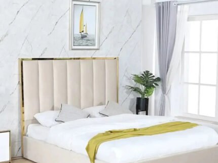 Lit Double PALMA en velours beige et doré avec sommier