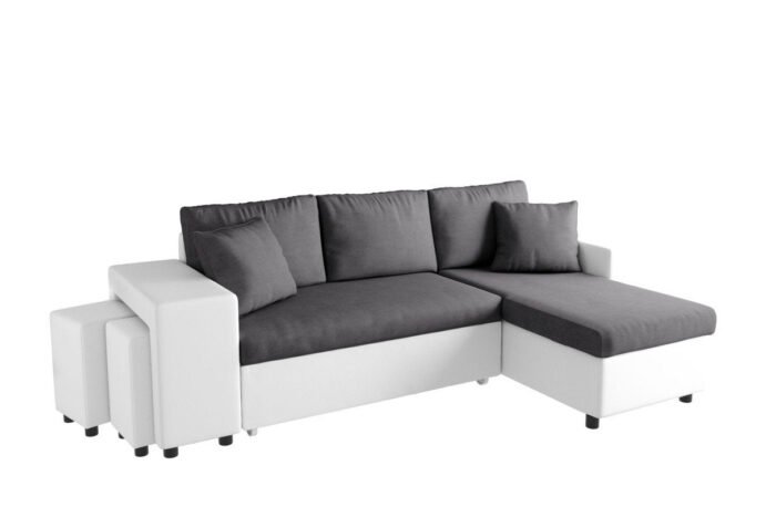 Canapé d'angle MARINA PLUS réversible convertible avec coffre et 2 poufs en microfibre et simili - Meublei