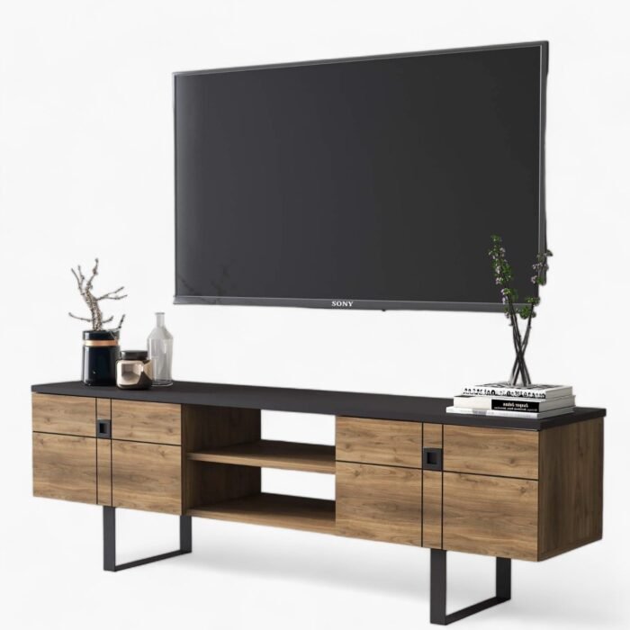 Meuble TV OSCARO 2 portes en bois foncé et Noir 160 cm