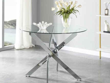 Table à Manger rectangulaire verre trempé avec pieds argentés - Meublei