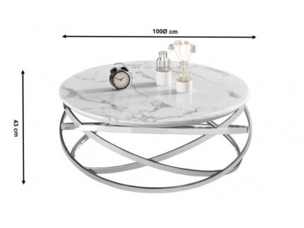 Table basse design rond avec piètement en acier inoxydable poli argenté et plateau en marbre artificiel blanc L. 100 x H. 43 cm collection ENRICO