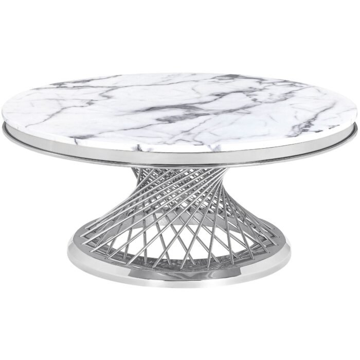 Table basse ronde Marbre véritable blanc pieds argentés