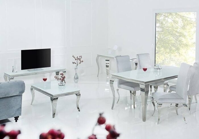 Table repas 4 chaises chromé blanc BAROQUE