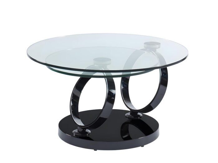 Table Basse, 2 plateaux verre empilable, verre, marbre, métal argenté, noir - Meublei