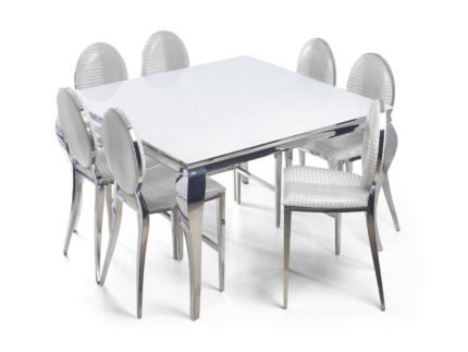 Table carré 4 chaises chromé blanc NEO