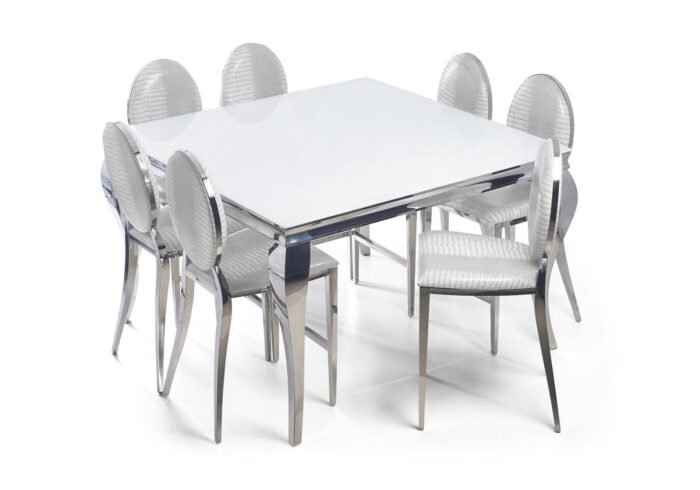 Table carré 4 chaises chromé blanc NEO