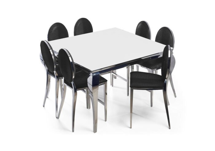 Table carré argenté blanc 4 chaises noir BAROQUE