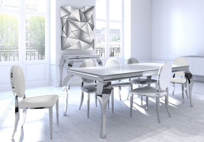 Table repas 4 chaises chromé blanc BAROQUE