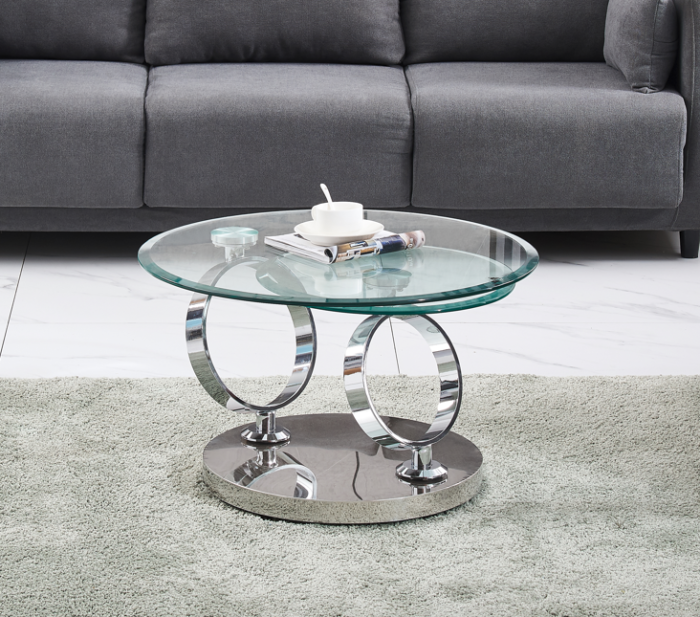 Table Basse ronde verre transparent structure argentée - Meublei