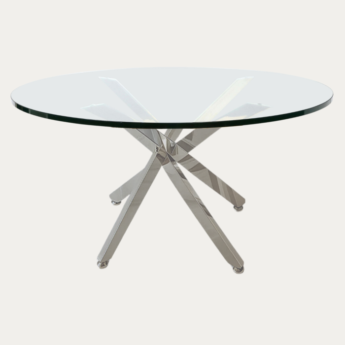 Table repas ronde verre trempé structure métal argentée - Meublei