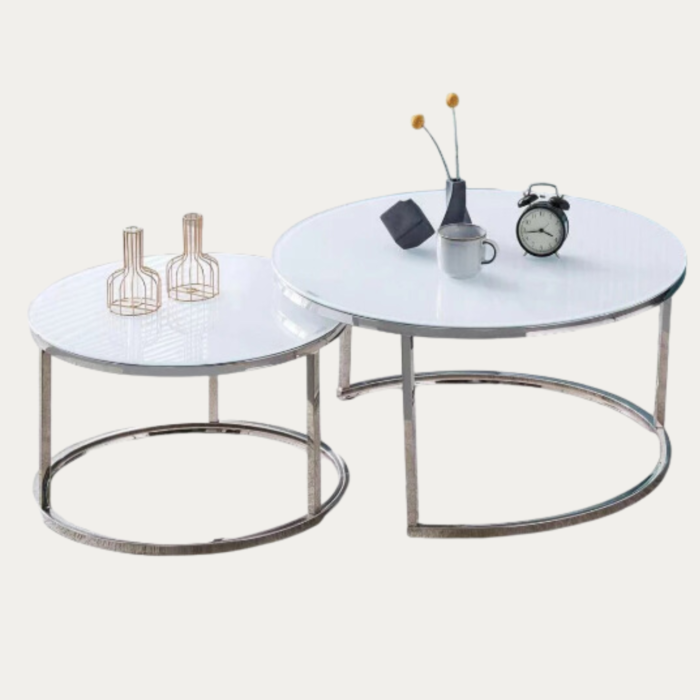 Table basse Blanc brillant plateau en verre trempé blanc pieds argentée en acier inoxydable - Meublei