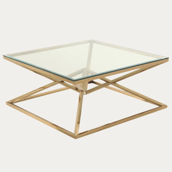 Table basse design carré en acier inoxydable poli doré et plateau en verre trempé transparent L. 100 x P. 100 x H. 43 cm collection PARMA - Meublei