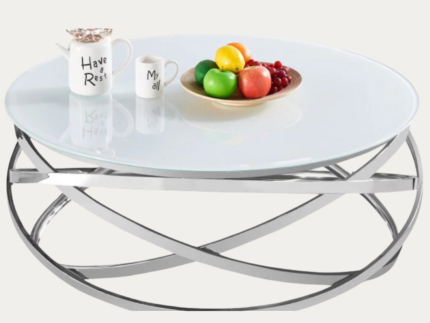 Table basse design rond avec piètement en acier inoxydable poli argenté et plateau en verre trempé blanc L. 100 x H. 43 cm collection ENRICO - Meublei