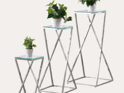 Ensemble de 3 tables d'appoints acier inoxydable argenté plateau en verre trempé - Meublei