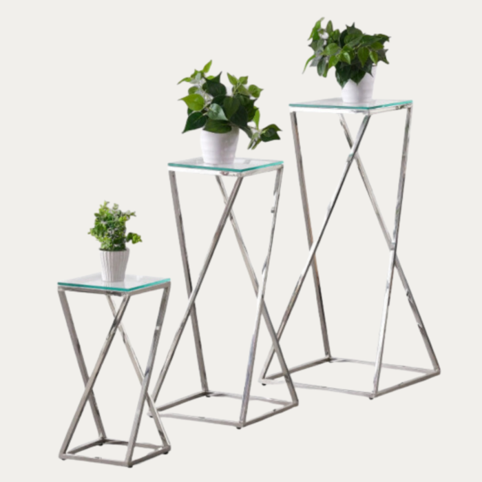 Ensemble de 3 tables d'appoints acier inoxydable argenté plateau en verre trempé - Meublei