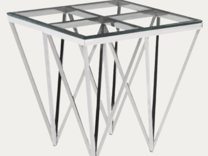 Table d'appoint design en acier inoxydable poli argenté et plateau en verre trempé transparent L. 55 x P. 55 x H. 52 cm collection VERONA - Meublei