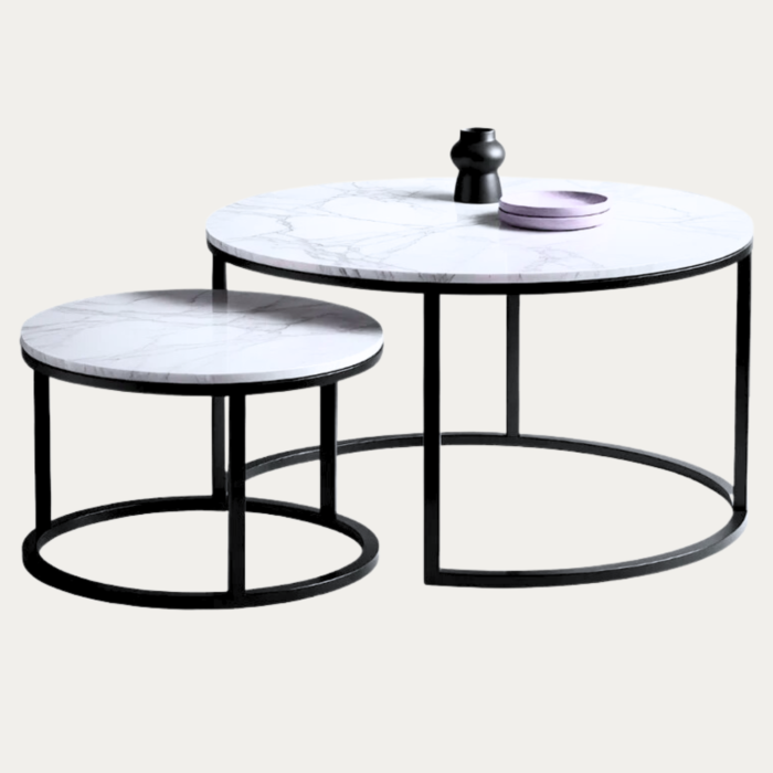 Table basse gigogne marbre céramique blanc structure Métal noir - Meublei