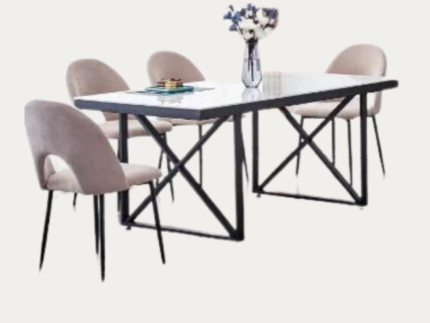 Ensemble table de repas et 6 chaises Levanto - Plateau en marbre beige, pieds en métal noir - Meublei