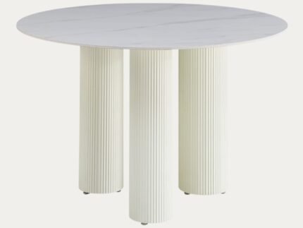 Table Repas  Pieds Beige avec Plateau Céramique Effet Marbre Blanc - Meublei